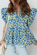 Flower Tiered Flutter Sleeve Pleated Blouse - Rooted & Reckless Co.