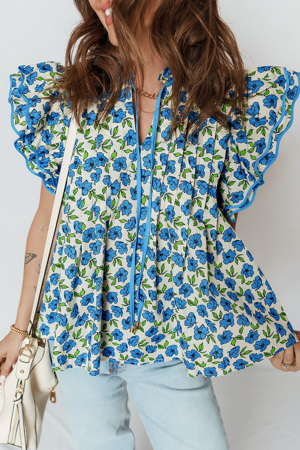 Flower Tiered Flutter Sleeve Pleated Blouse - Rooted & Reckless Co.