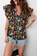 Flower Tiered Flutter Sleeve V-Neck Blouse - Rooted & Reckless Co.
