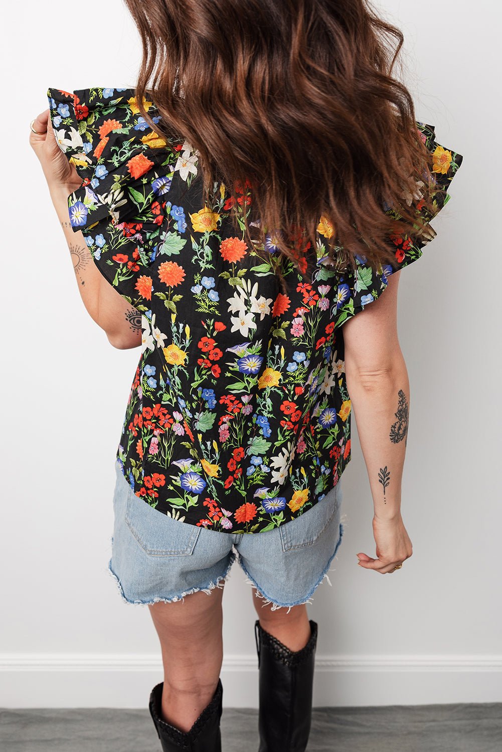 Flower Tiered Flutter Sleeve V-Neck Blouse - Rooted & Reckless Co.
