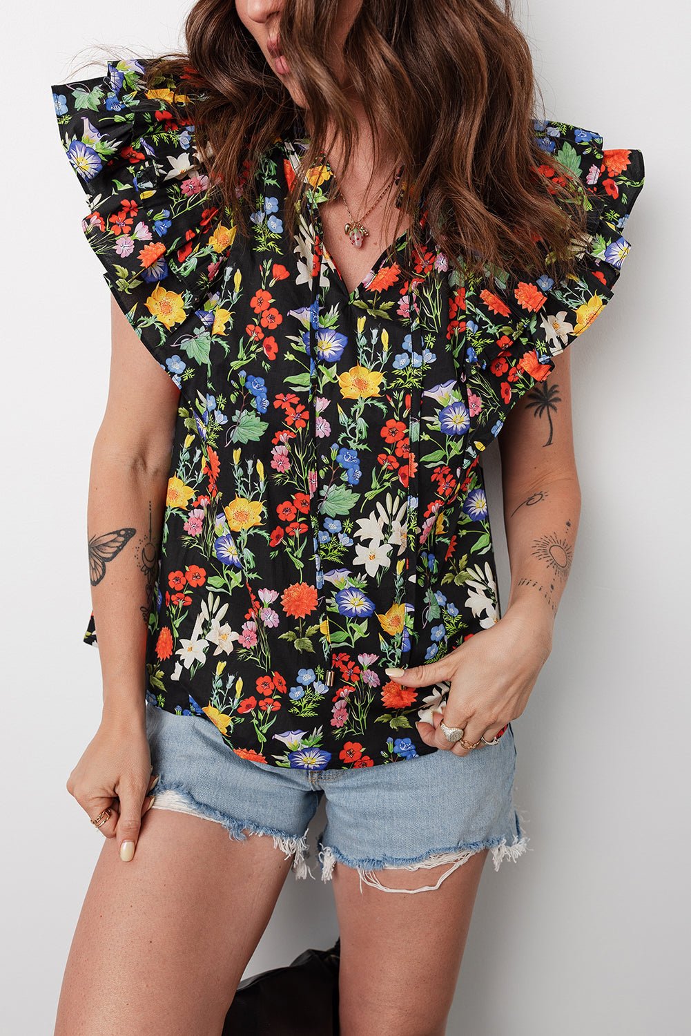 Flower Tiered Flutter Sleeve V-Neck Blouse - Rooted & Reckless Co.