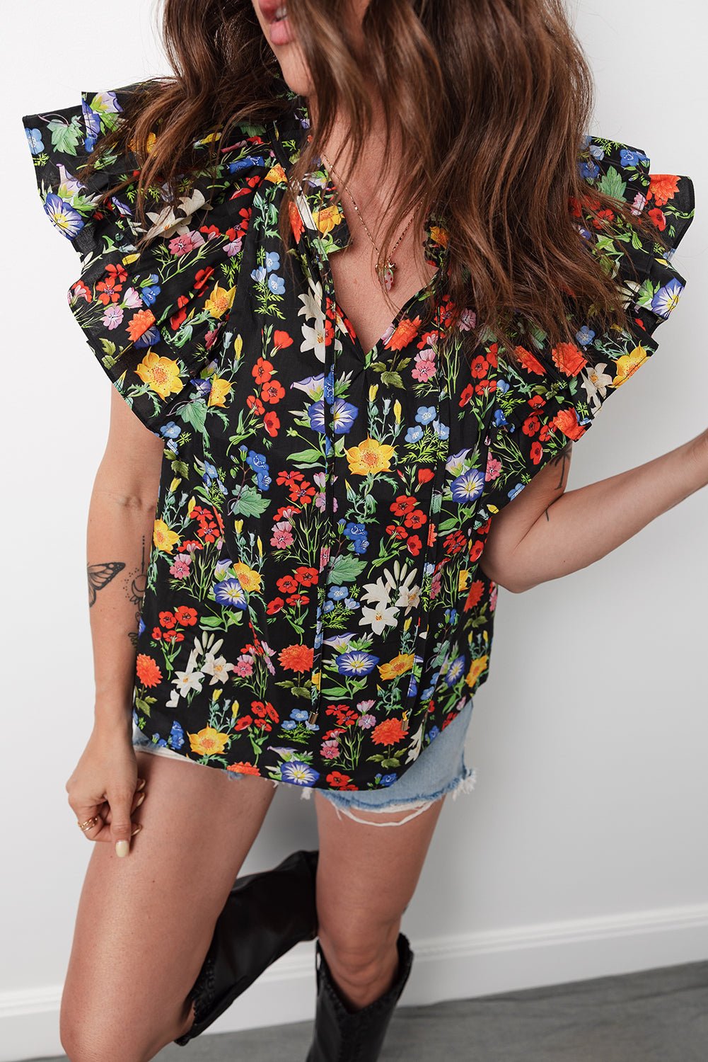 Flower Tiered Flutter Sleeve V-Neck Blouse - Rooted & Reckless Co.