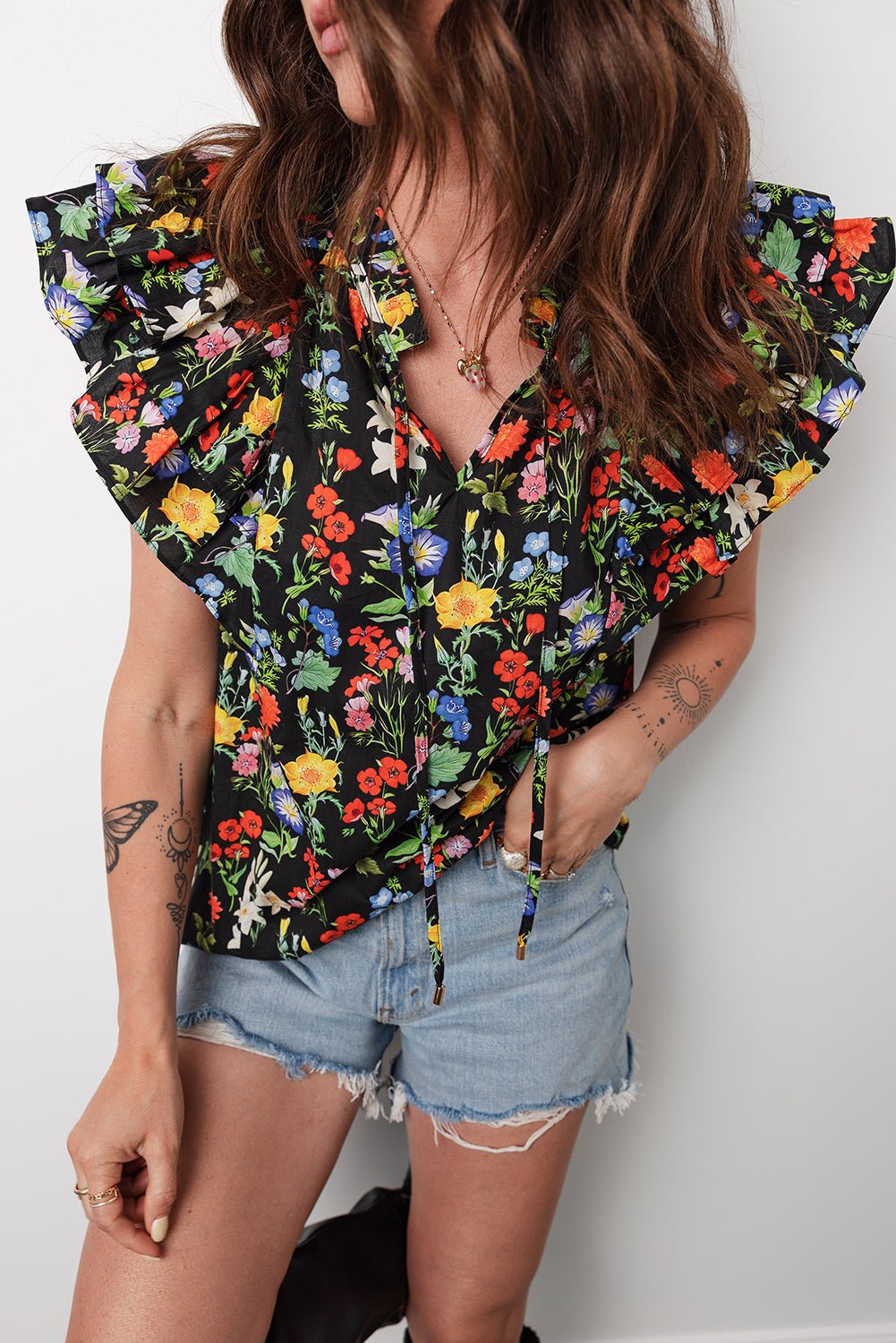 Flower Tiered Flutter Sleeve V-Neck Blouse - Rooted & Reckless Co.