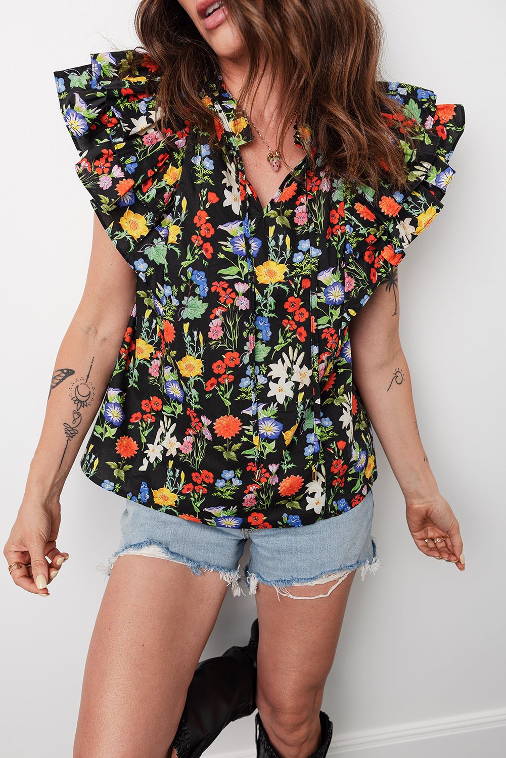 Flower Tiered Flutter Sleeve V-Neck Blouse - Rooted & Reckless Co.