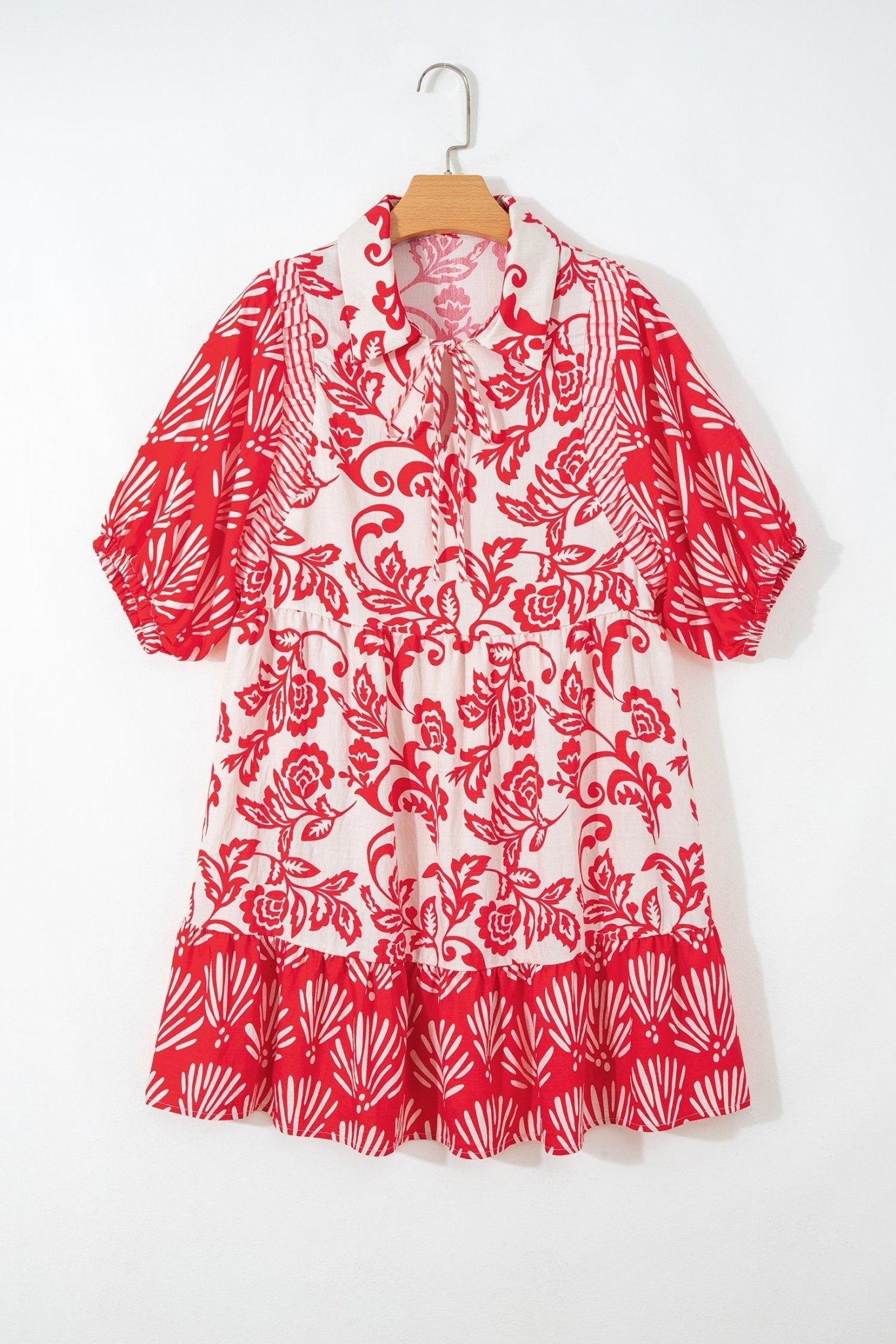 Flower V-Neck 3/4 Sleeve Collar Mini Dress - Rooted & Reckless Co.