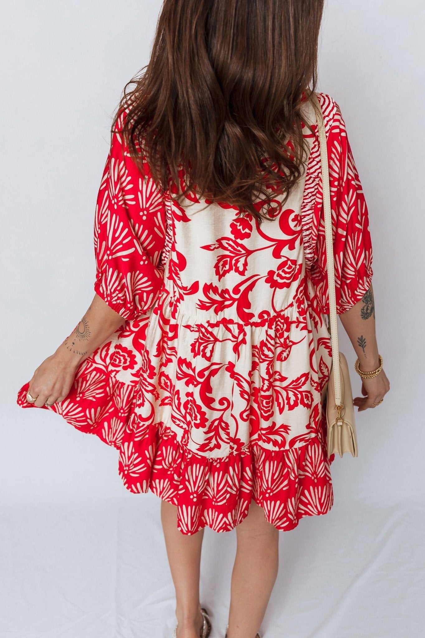 Flower V-Neck 3/4 Sleeve Collar Mini Dress - Rooted & Reckless Co.