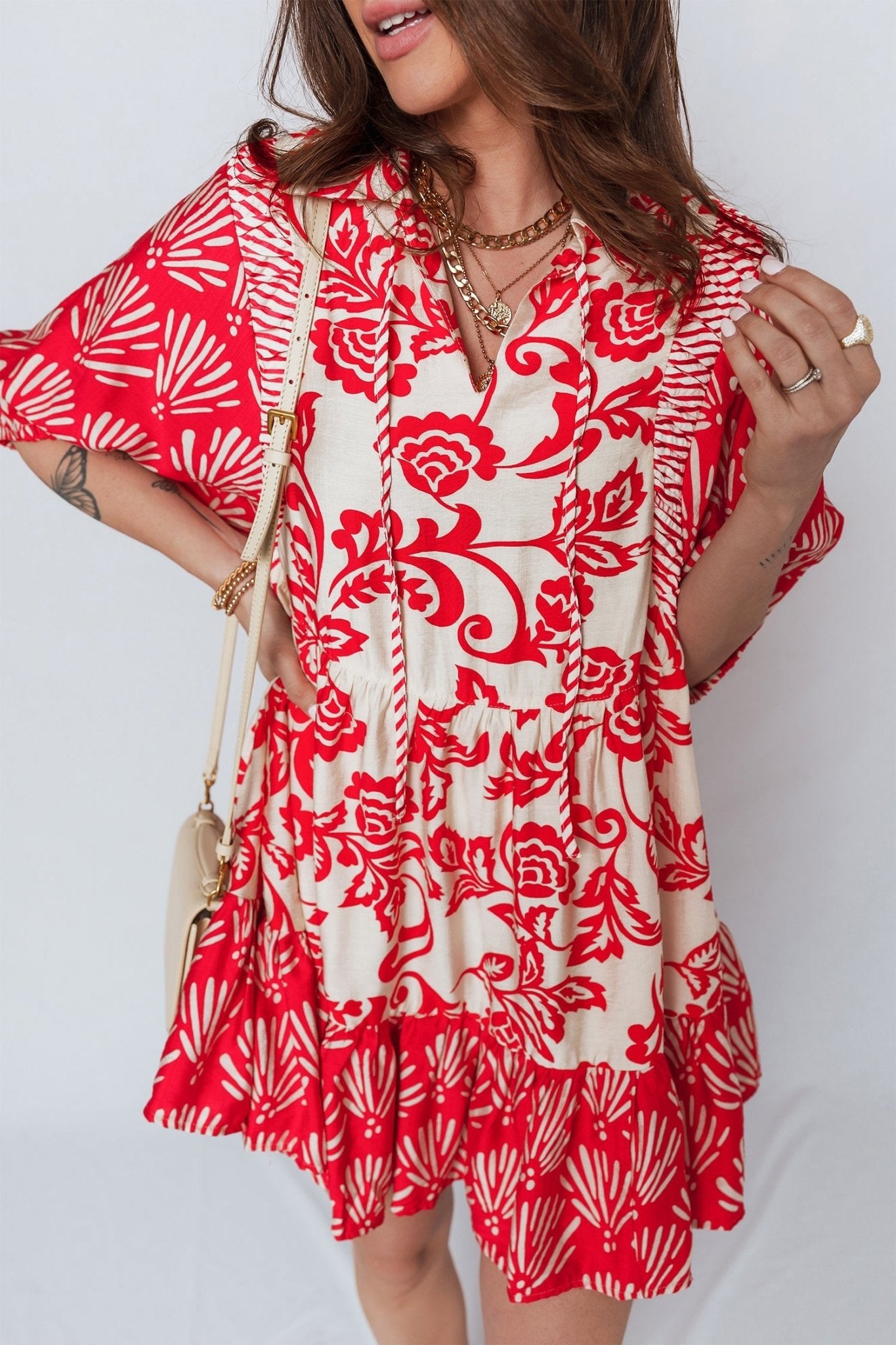 Flower V-Neck 3/4 Sleeve Collar Mini Dress - Rooted & Reckless Co.