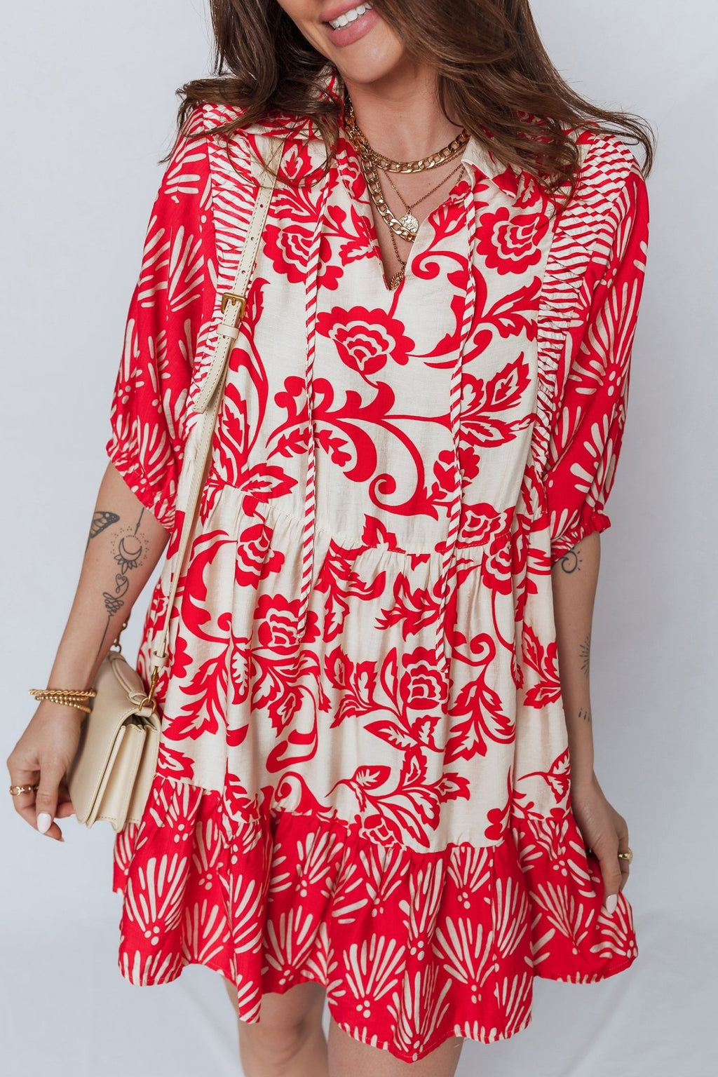 Flower V-Neck 3/4 Sleeve Collar Mini Dress - Rooted & Reckless Co.