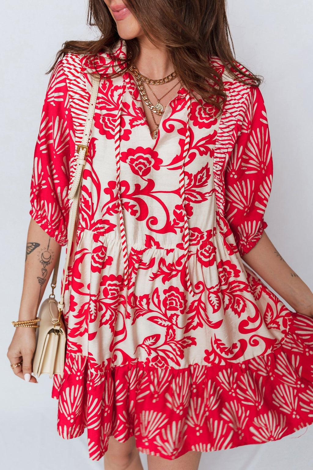 Flower V-Neck 3/4 Sleeve Collar Mini Dress - Rooted & Reckless Co.