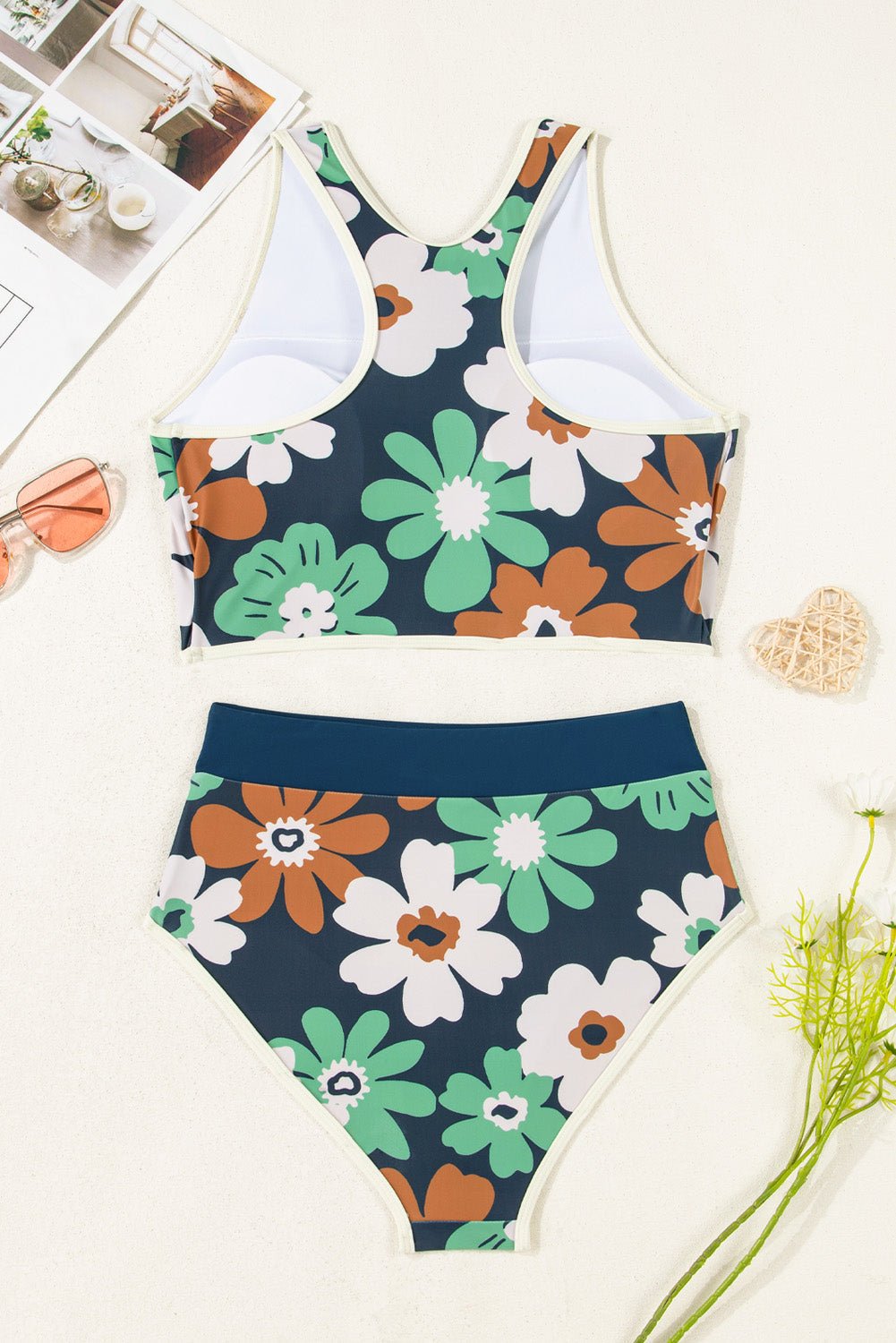 Flower Zip-Up Racerback Top & High Waist Bikini Set - Rooted & Reckless Co.