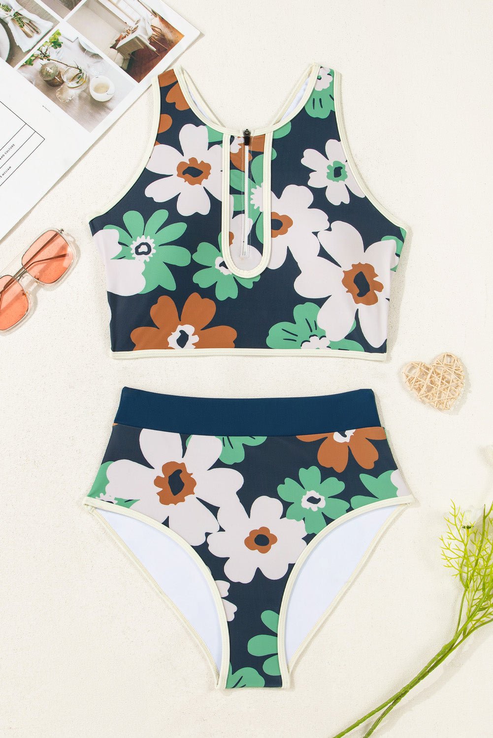 Flower Zip-Up Racerback Top & High Waist Bikini Set - Rooted & Reckless Co.