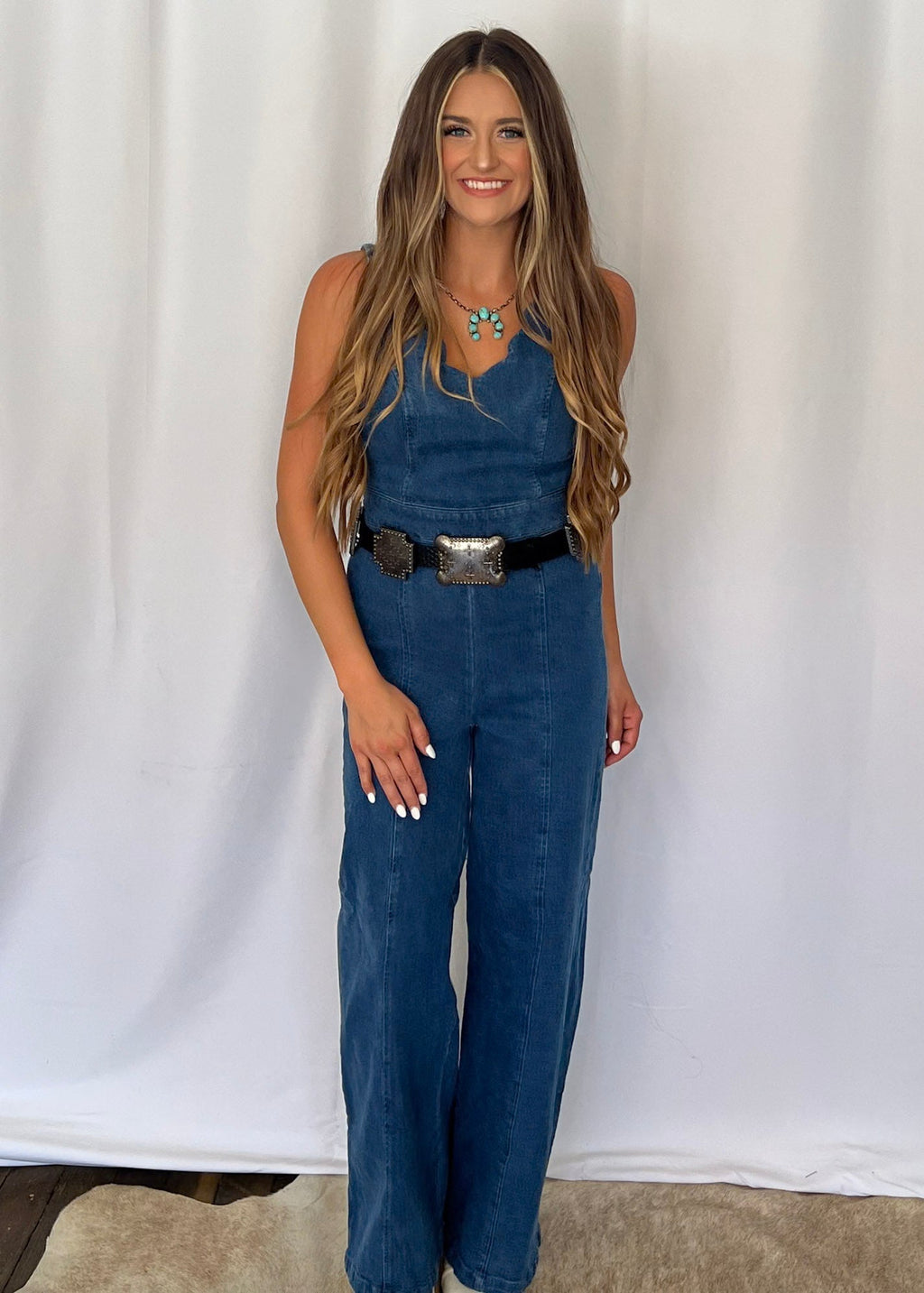 FLYING TOMATO "Rosie" Scalloped Neckline Washed Denim Western Jumpsuit — Wide-Leg with Banded Sash Belt & Back Zipper (small remains) - Rooted & Reckless Co.