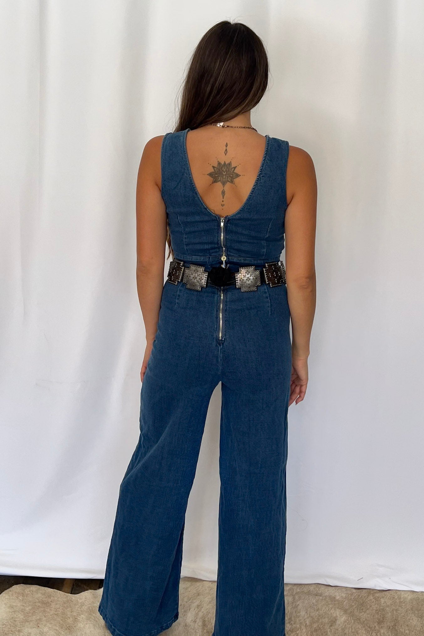 FLYING TOMATO "Rosie" Scalloped Neckline Washed Denim Western Jumpsuit — Wide-Leg with Banded Sash Belt & Back Zipper (small remains) - Rooted & Reckless Co.