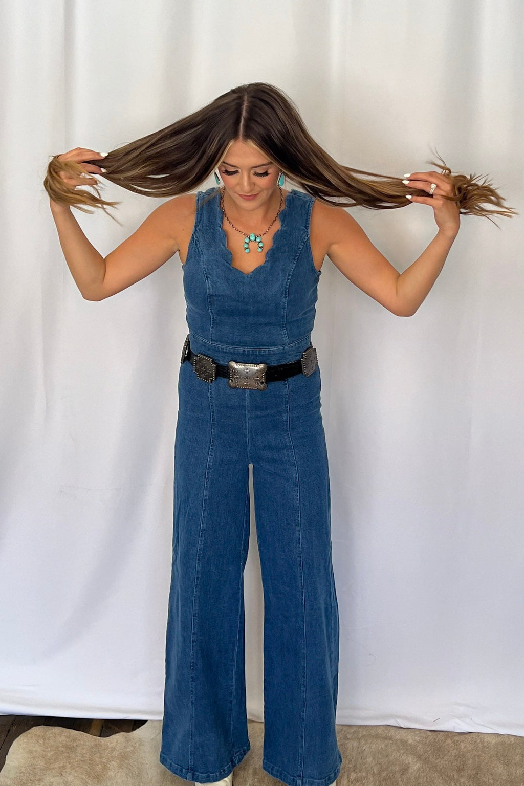 FLYING TOMATO "Rosie" Scalloped Neckline Washed Denim Western Jumpsuit — Wide-Leg with Banded Sash Belt & Back Zipper (small remains) - Rooted & Reckless Co.
