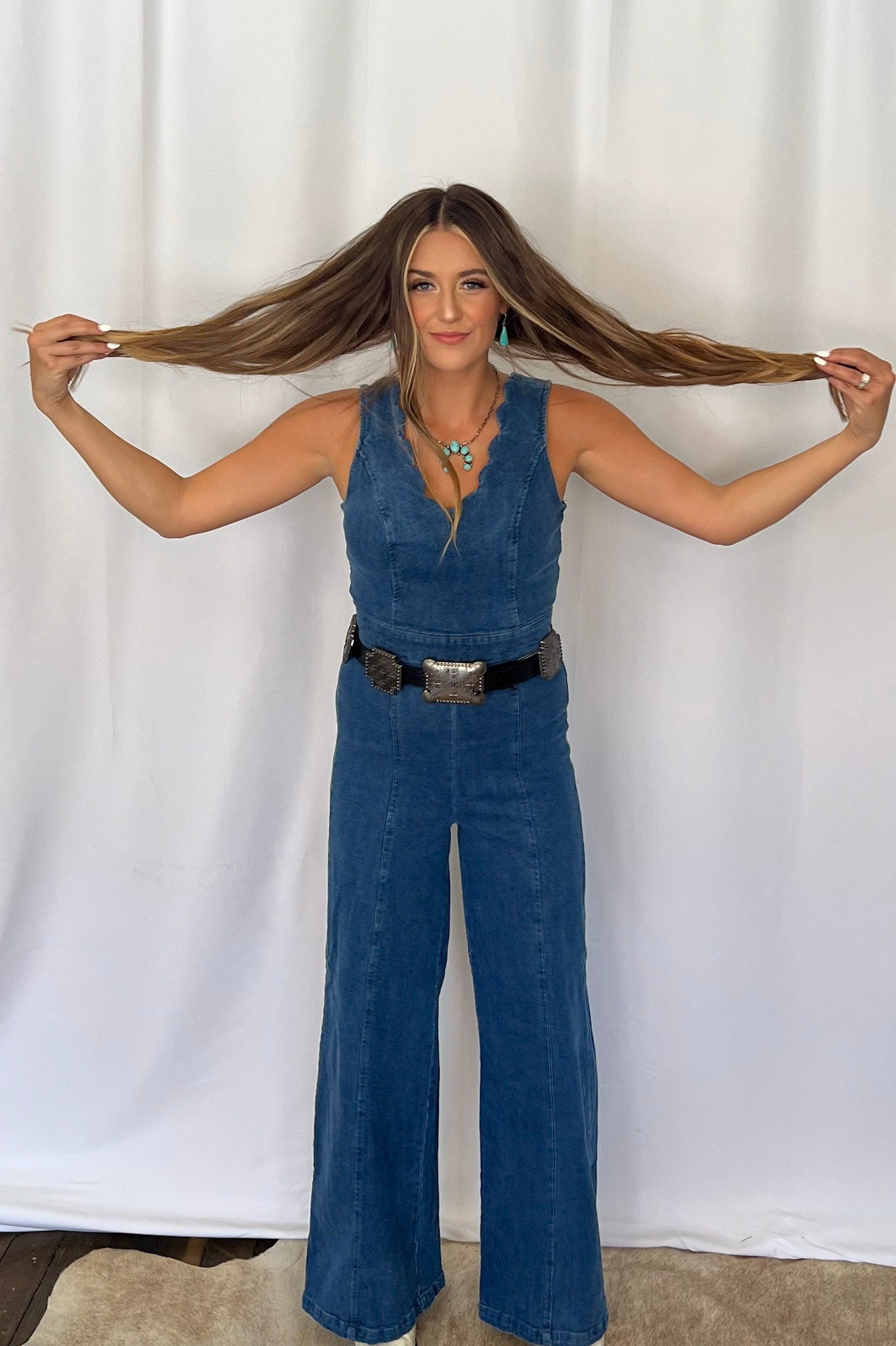 FLYING TOMATO "Rosie" Scalloped Neckline Washed Denim Western Jumpsuit — Wide-Leg with Banded Sash Belt & Back Zipper (small remains) - Rooted & Reckless Co.