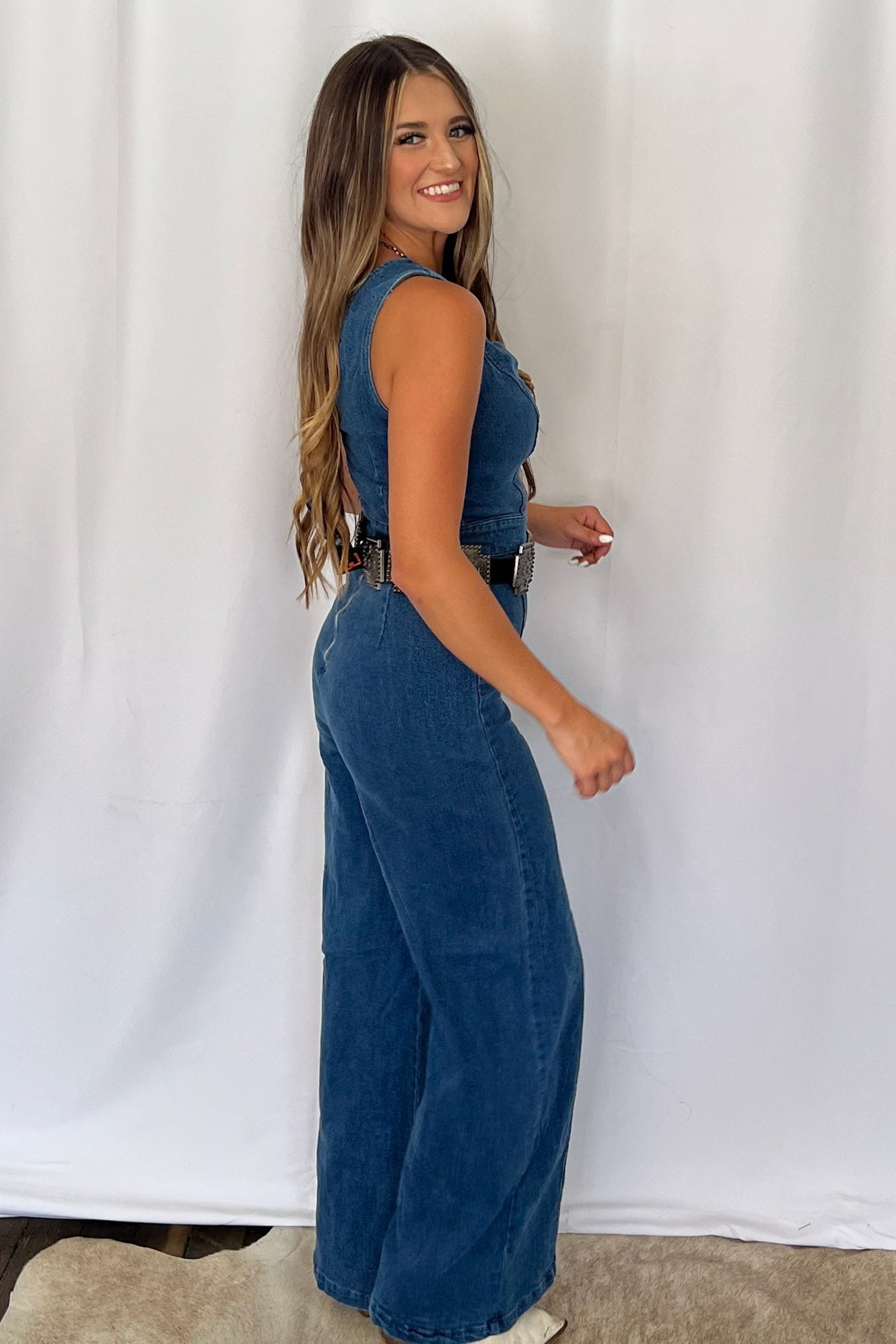 FLYING TOMATO "Rosie" Scalloped Neckline Washed Denim Western Jumpsuit — Wide-Leg with Banded Sash Belt & Back Zipper (small remains) - Rooted & Reckless Co.