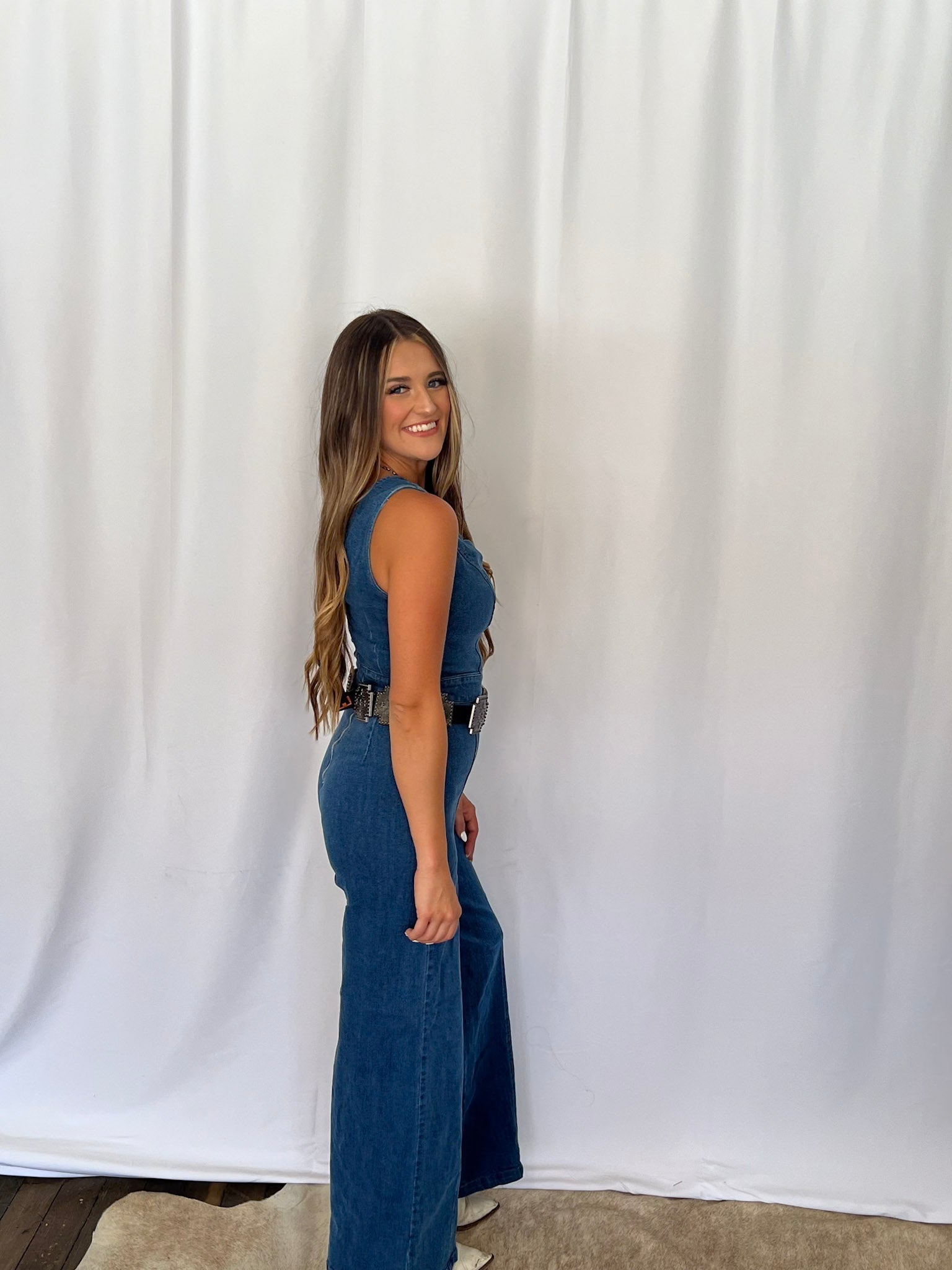 FLYING TOMATO "Rosie" Scalloped Neckline Washed Denim Western Jumpsuit — Wide-Leg with Banded Sash Belt & Back Zipper (small remains) - Rooted & Reckless Co.