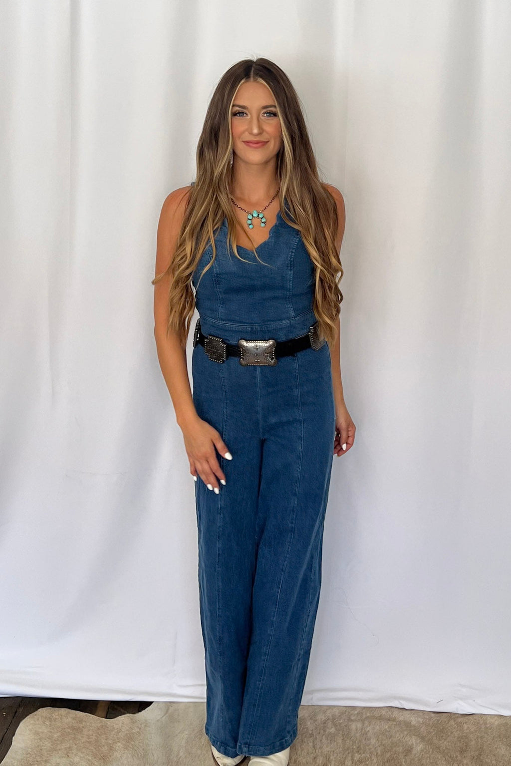 FLYING TOMATO "Rosie" Scalloped Neckline Washed Denim Western Jumpsuit — Wide-Leg with Banded Sash Belt & Back Zipper (small remains) - Rooted & Reckless Co.