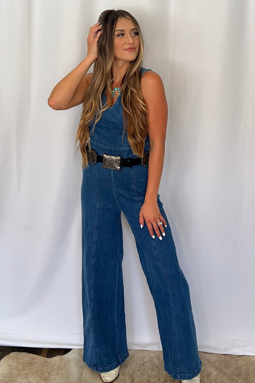 FLYING TOMATO "Rosie" Scalloped Neckline Washed Denim Western Jumpsuit — Wide-Leg with Banded Sash Belt & Back Zipper (small remains) - Rooted & Reckless Co.