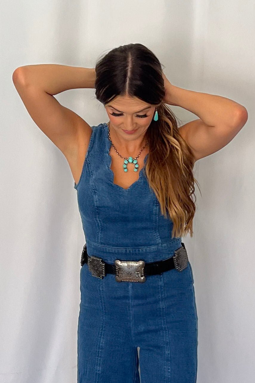 FLYING TOMATO "Rosie" Scalloped Neckline Washed Denim Western Jumpsuit — Wide-Leg with Banded Sash Belt & Back Zipper (small remains) - Rooted & Reckless Co.