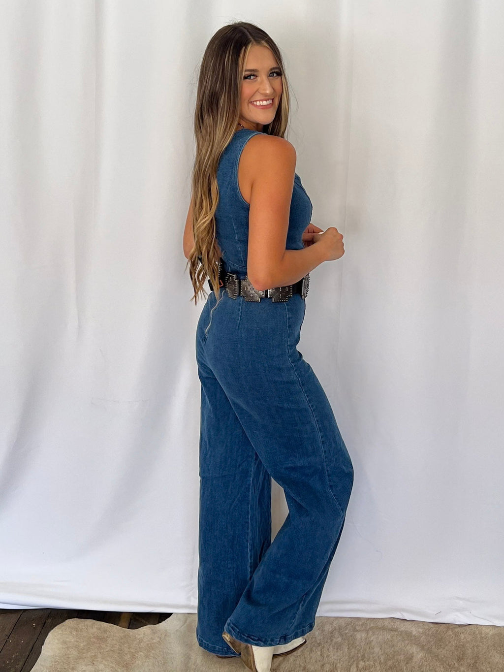 FLYING TOMATO "Rosie" Scalloped Neckline Washed Denim Western Jumpsuit — Wide-Leg with Banded Sash Belt & Back Zipper (small remains) - Rooted & Reckless Co.