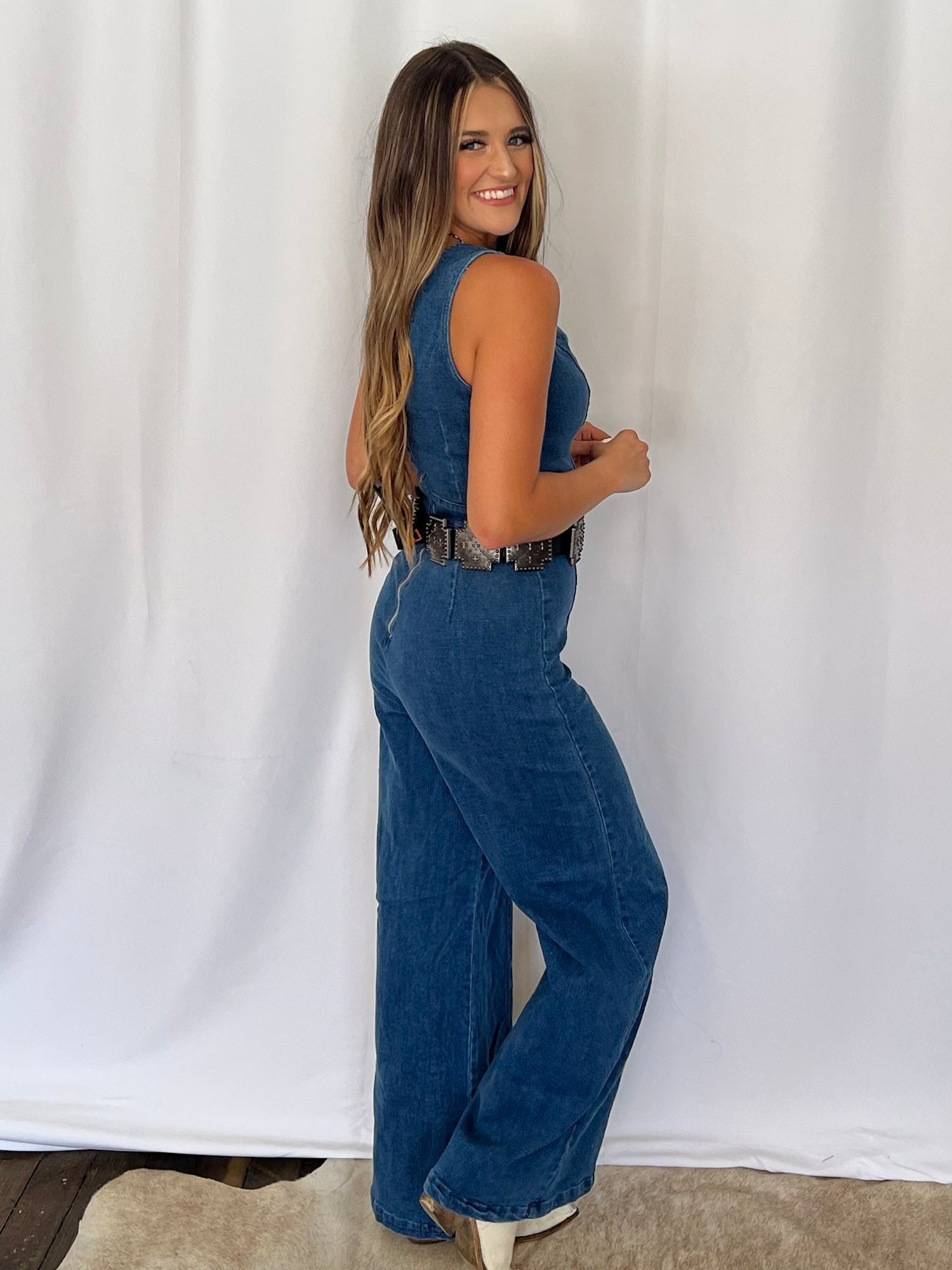 FLYING TOMATO "Rosie" Scalloped Neckline Washed Denim Western Jumpsuit — Wide-Leg with Banded Sash Belt & Back Zipper (small remains) - Rooted & Reckless Co.