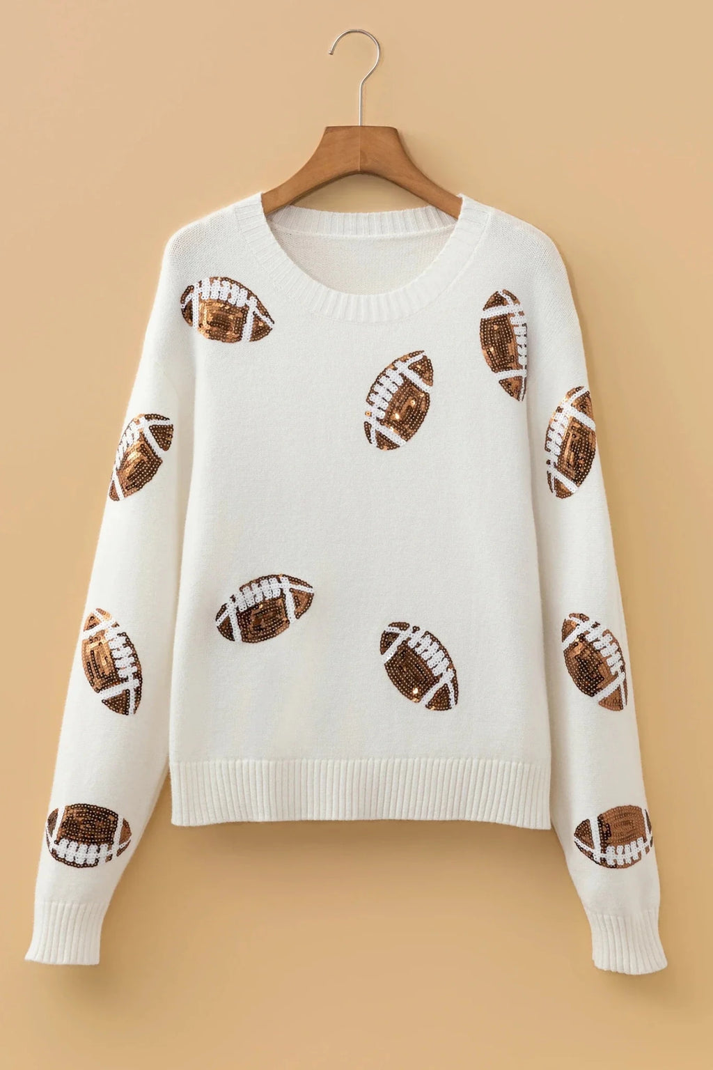 Football Sequin Round Neck Long Sleeve Sweater - Rooted & Reckless Co.