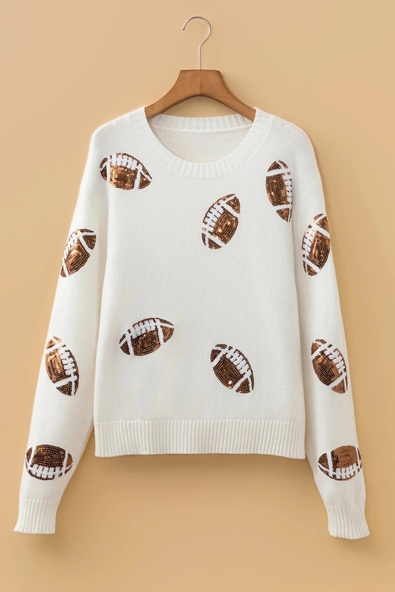 Football Sequin Round Neck Long Sleeve Sweater - Rooted & Reckless Co.