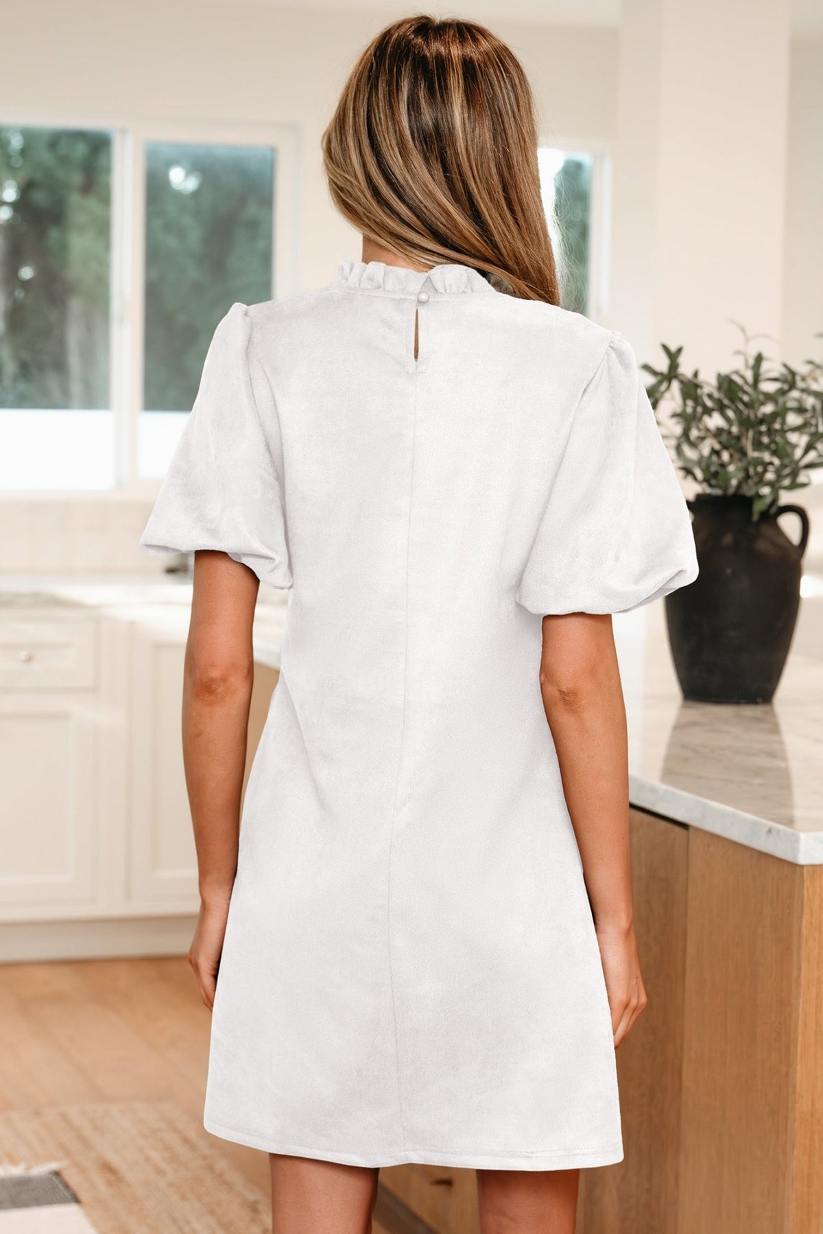 Frilled Round Neck Puff Sleeve Mini Dress - Rooted & Reckless Co.