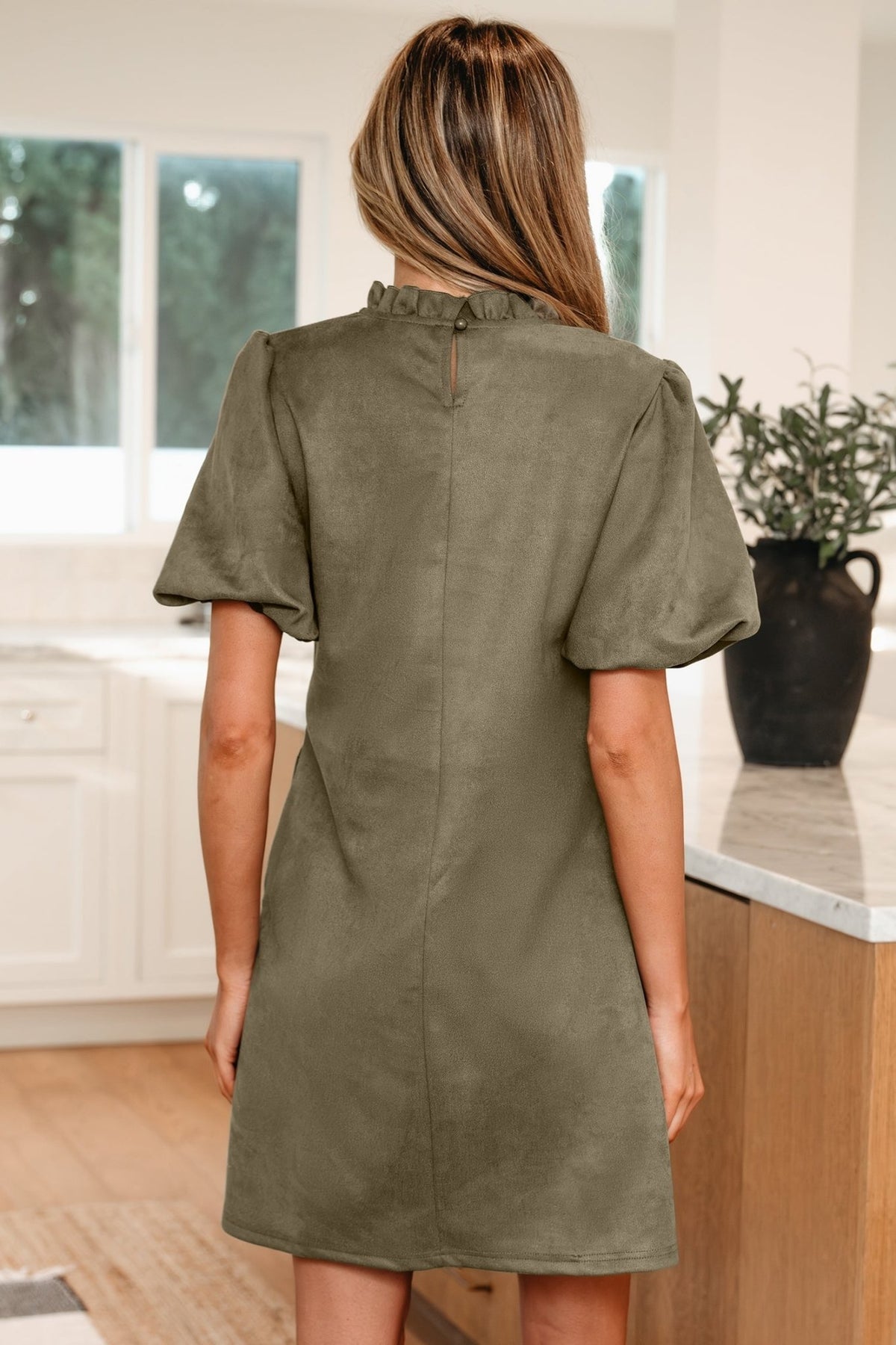 Frilled Round Neck Puff Sleeve Mini Dress - Rooted & Reckless Co.
