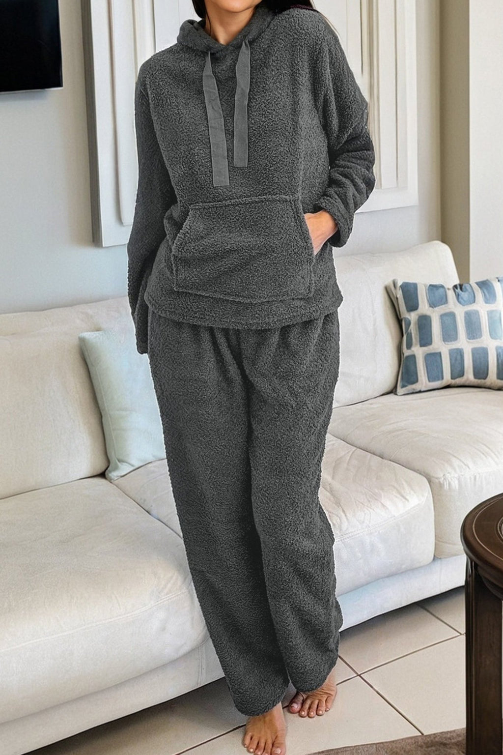 Fuzzy Drawstring Hoodie and Pants Lounge Set - Rooted & Reckless Co.