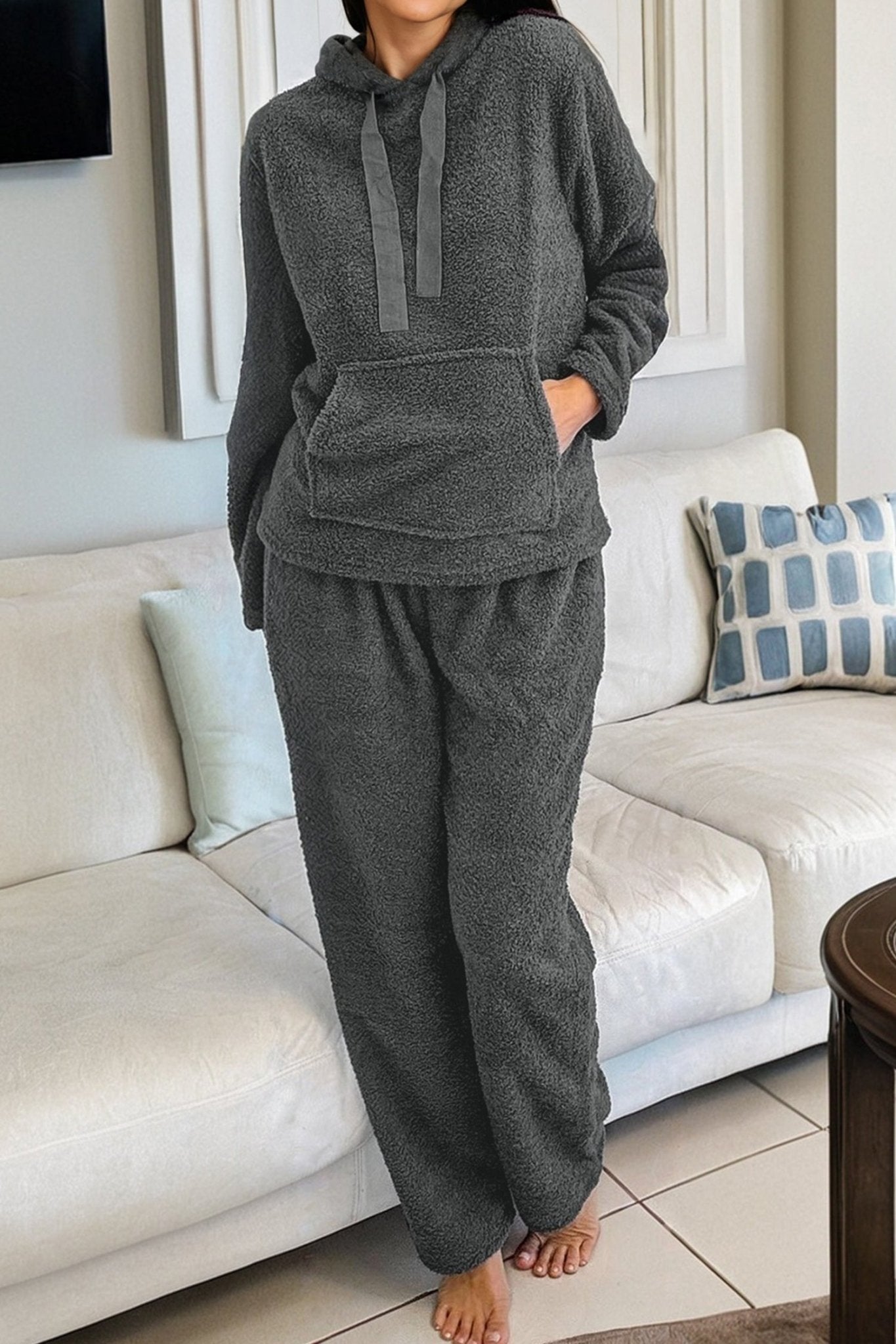 Fuzzy Drawstring Hoodie and Pants Lounge Set - Rooted & Reckless Co.
