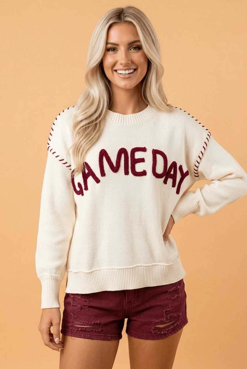 Game Day Embroidered Reverse Seam Drop Shoulder Sweater - Rooted & Reckless Co.