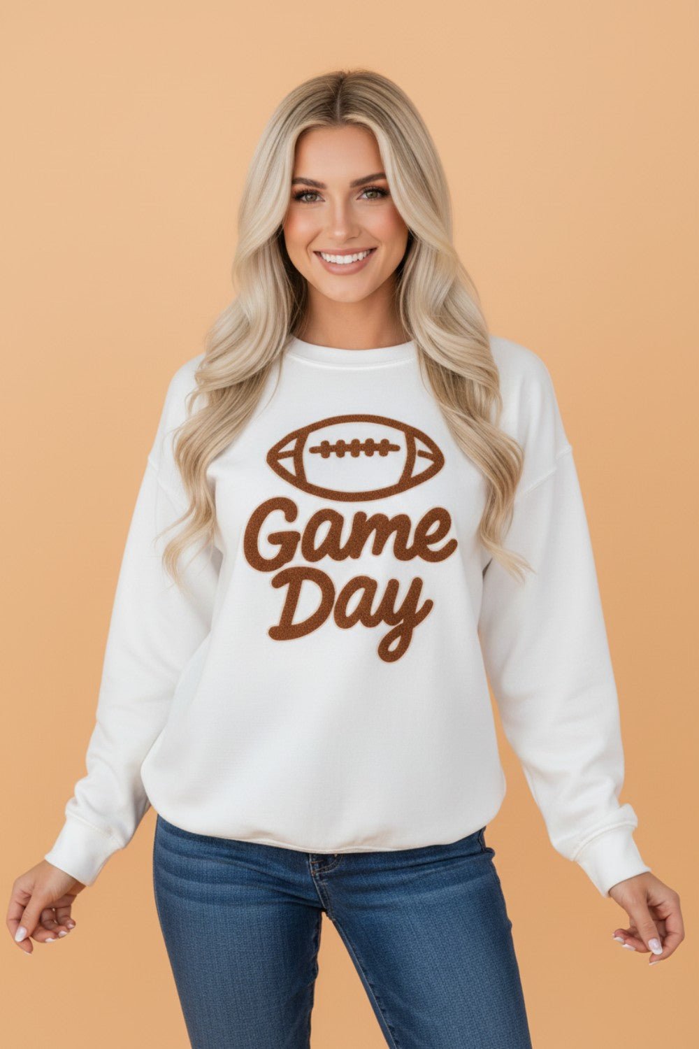 Game Day Embroidered Slogan Rugby Long Sleeve Sweatshirt - Rooted & Reckless Co.