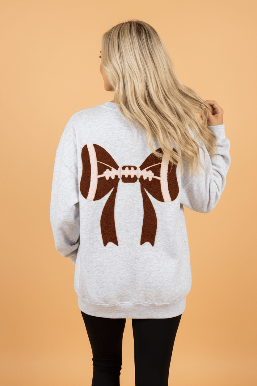Game Day Football Bow Chenille Patch Oversized Sweatshirt - Rooted & Reckless Co.