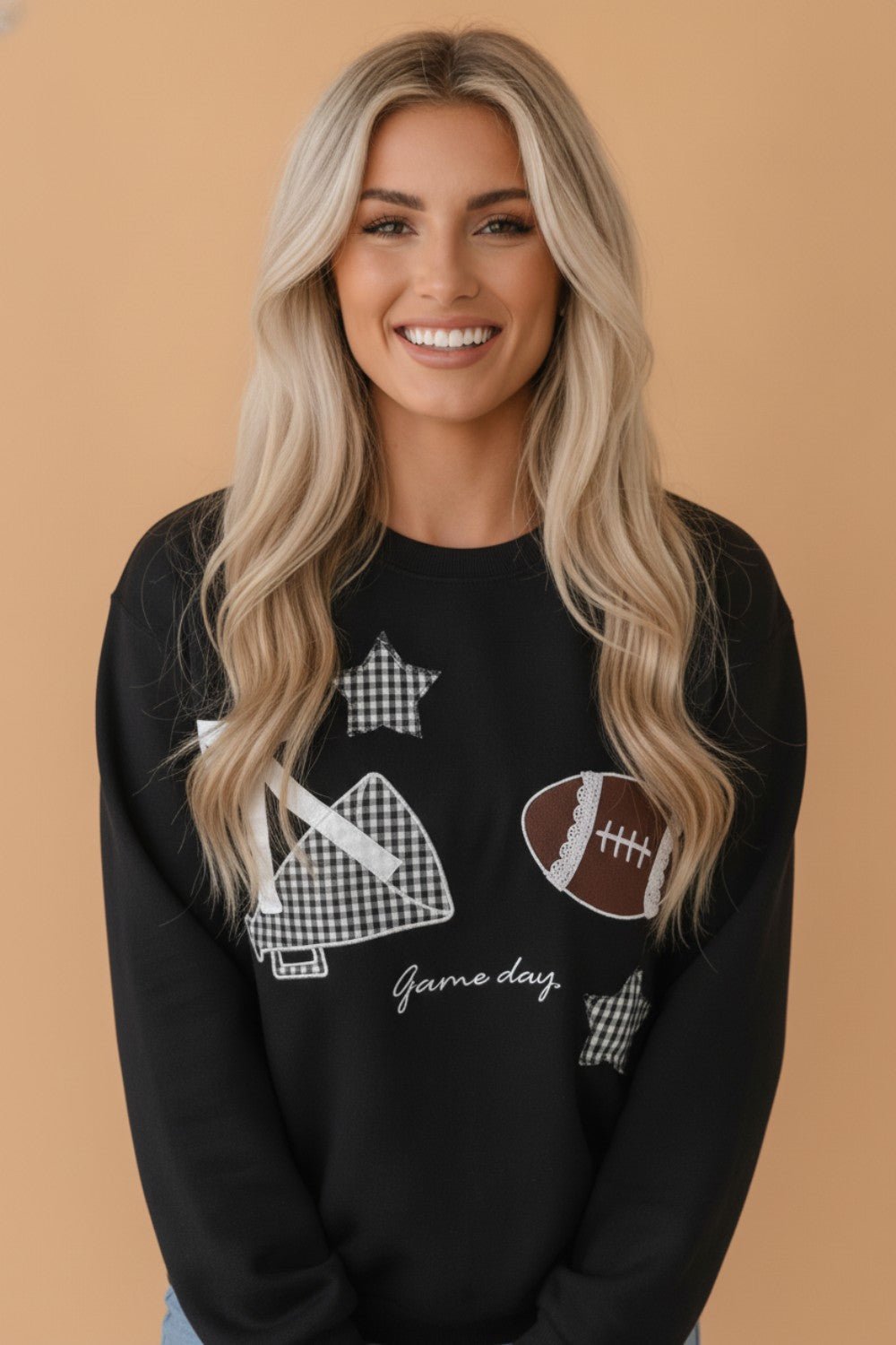 Game Day Gingham Patch Embroidered Sweatshirt - Rooted & Reckless Co.