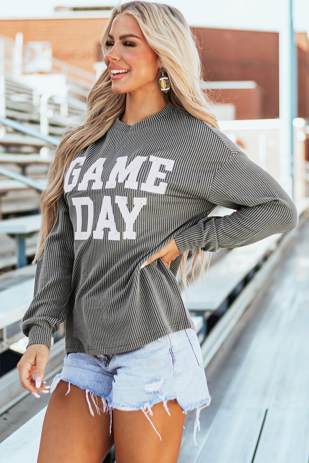 GAME DAY Textured Long Sleeve Crewneck Top - Rooted & Reckless Co.