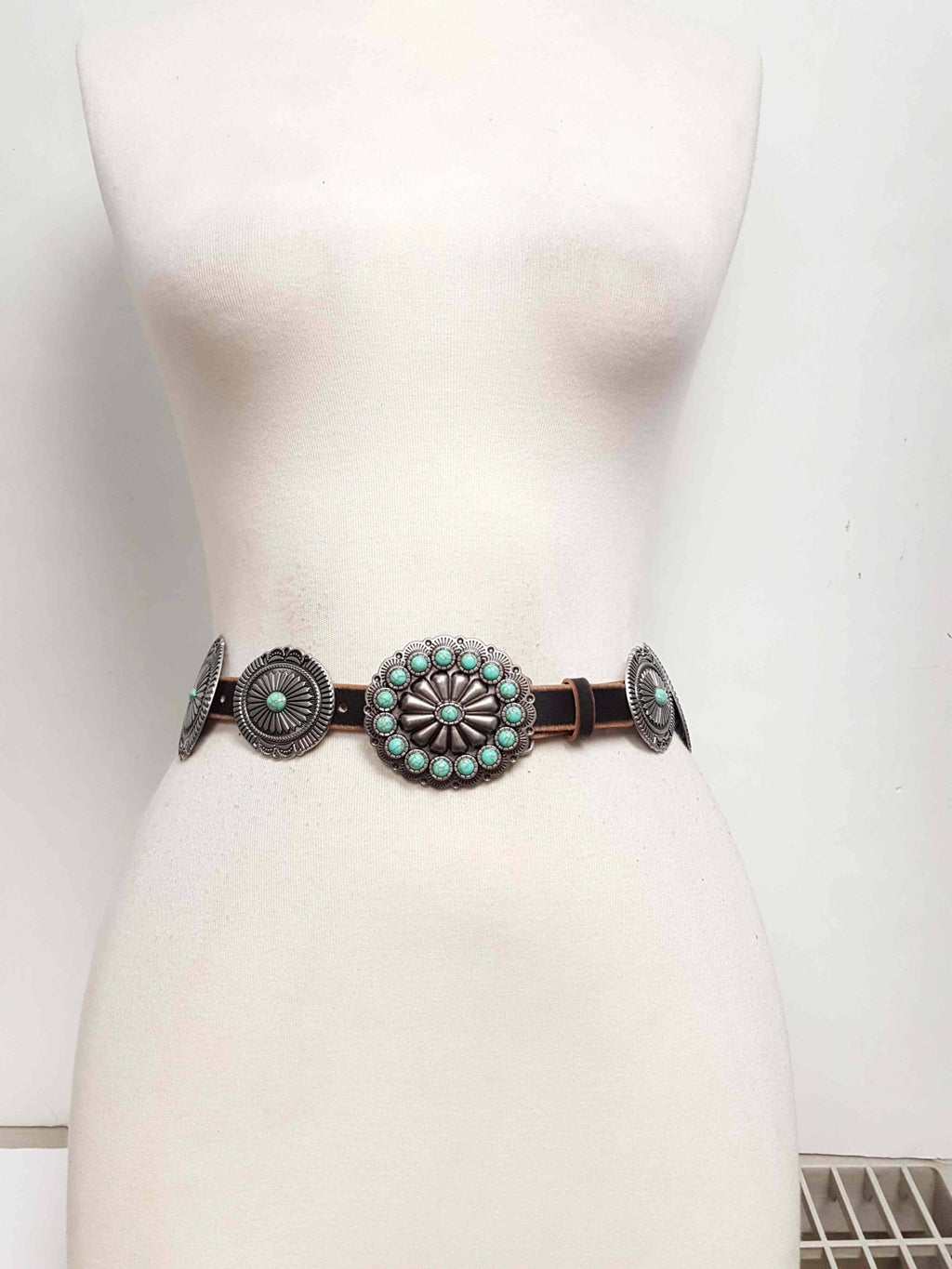 Genuine Distressed Leather Western Concho Belt with Faux Turquoise Stone Buckle - Rooted & Reckless Co.