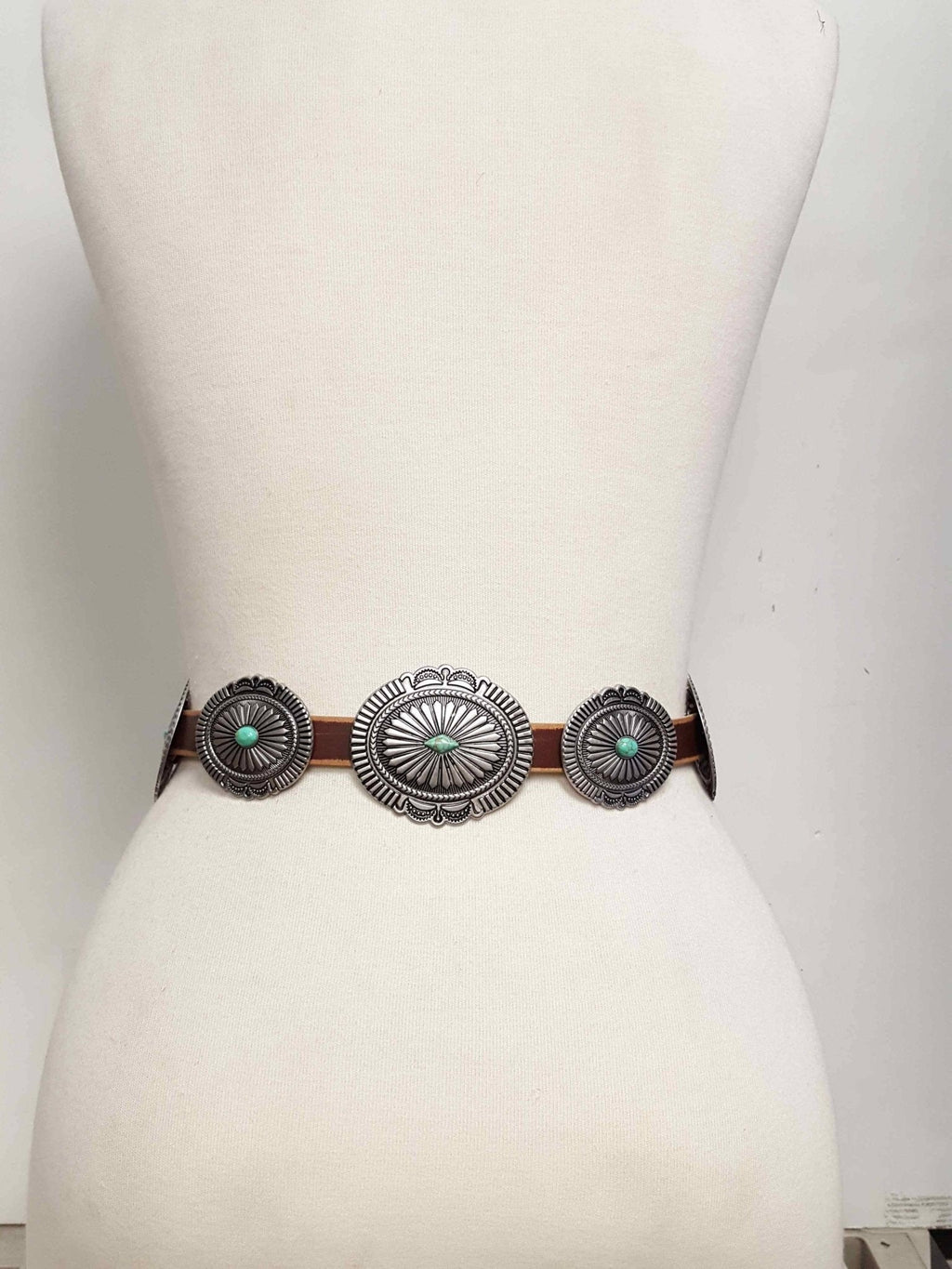 Genuine Distressed Leather Western Concho Belt with Faux Turquoise Stone Buckle - Rooted & Reckless Co.