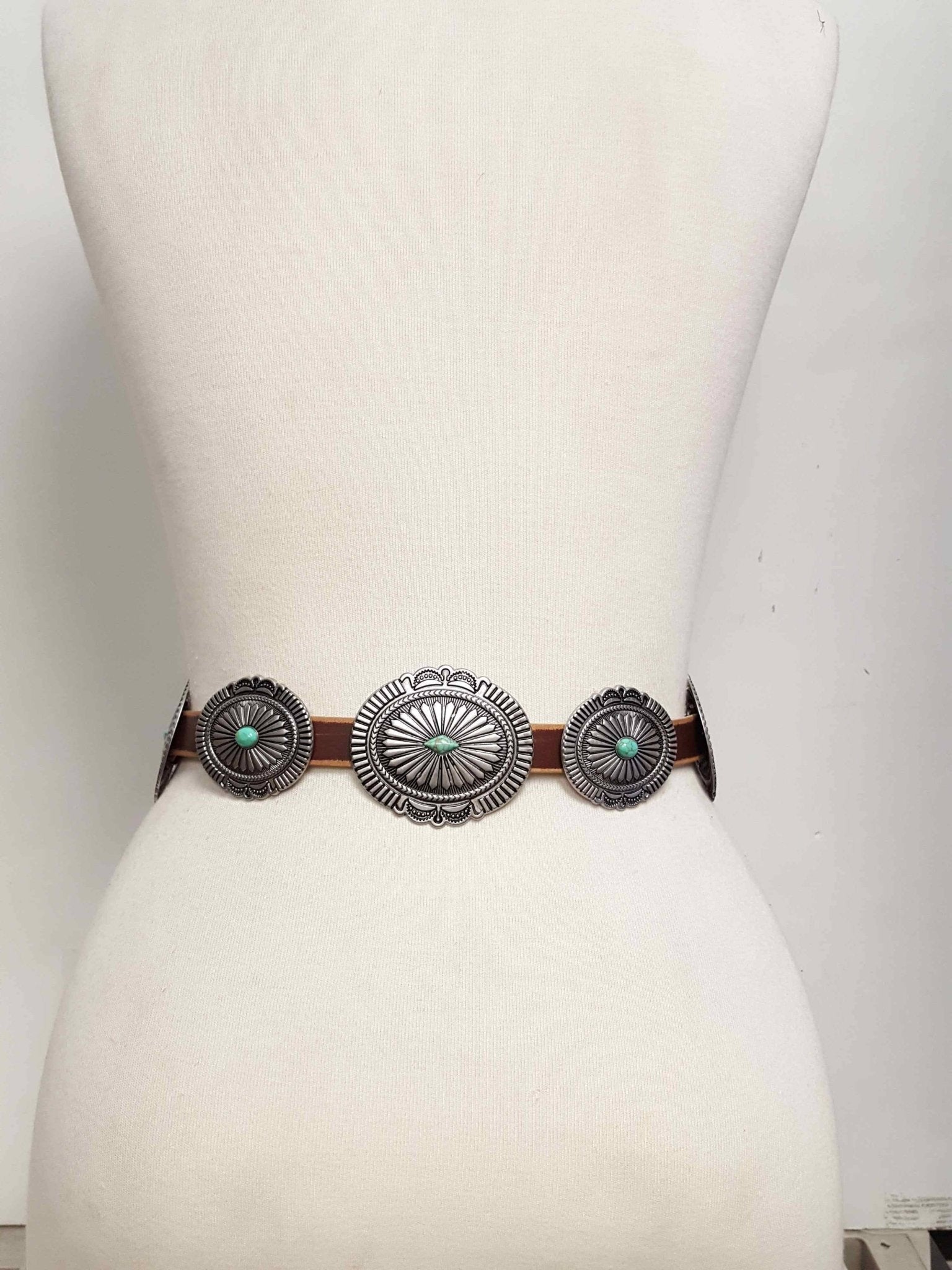 Genuine Distressed Leather Western Concho Belt with Faux Turquoise Stone Buckle - Rooted & Reckless Co.