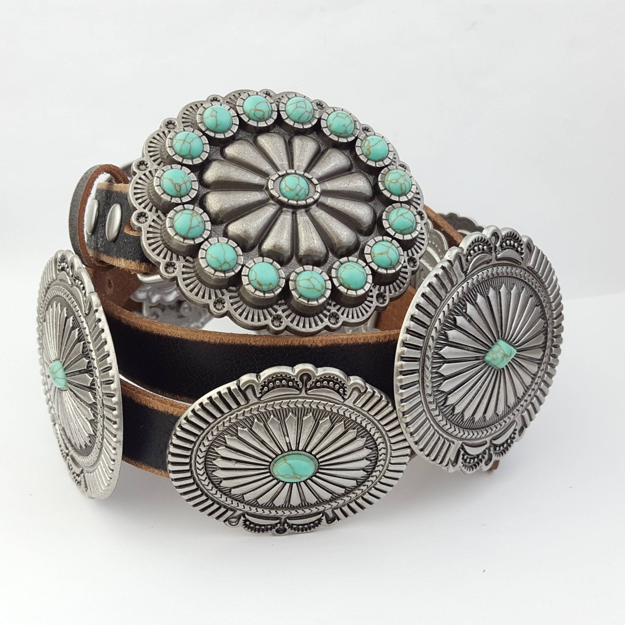 Genuine Distressed Leather Western Concho Belt with Faux Turquoise Stone Buckle - Rooted & Reckless Co.