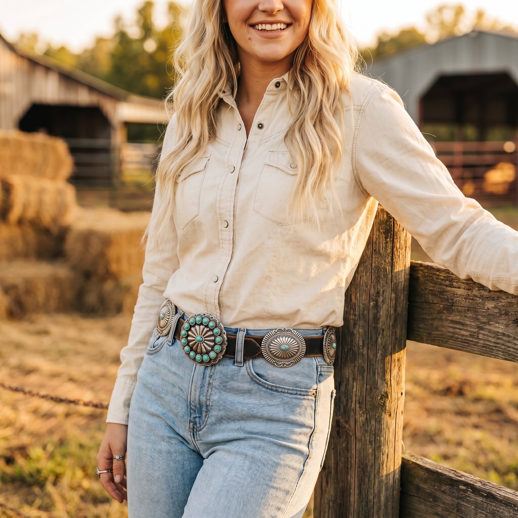 Genuine Distressed Leather Western Concho Belt with Faux Turquoise Stone Buckle - Rooted & Reckless Co.