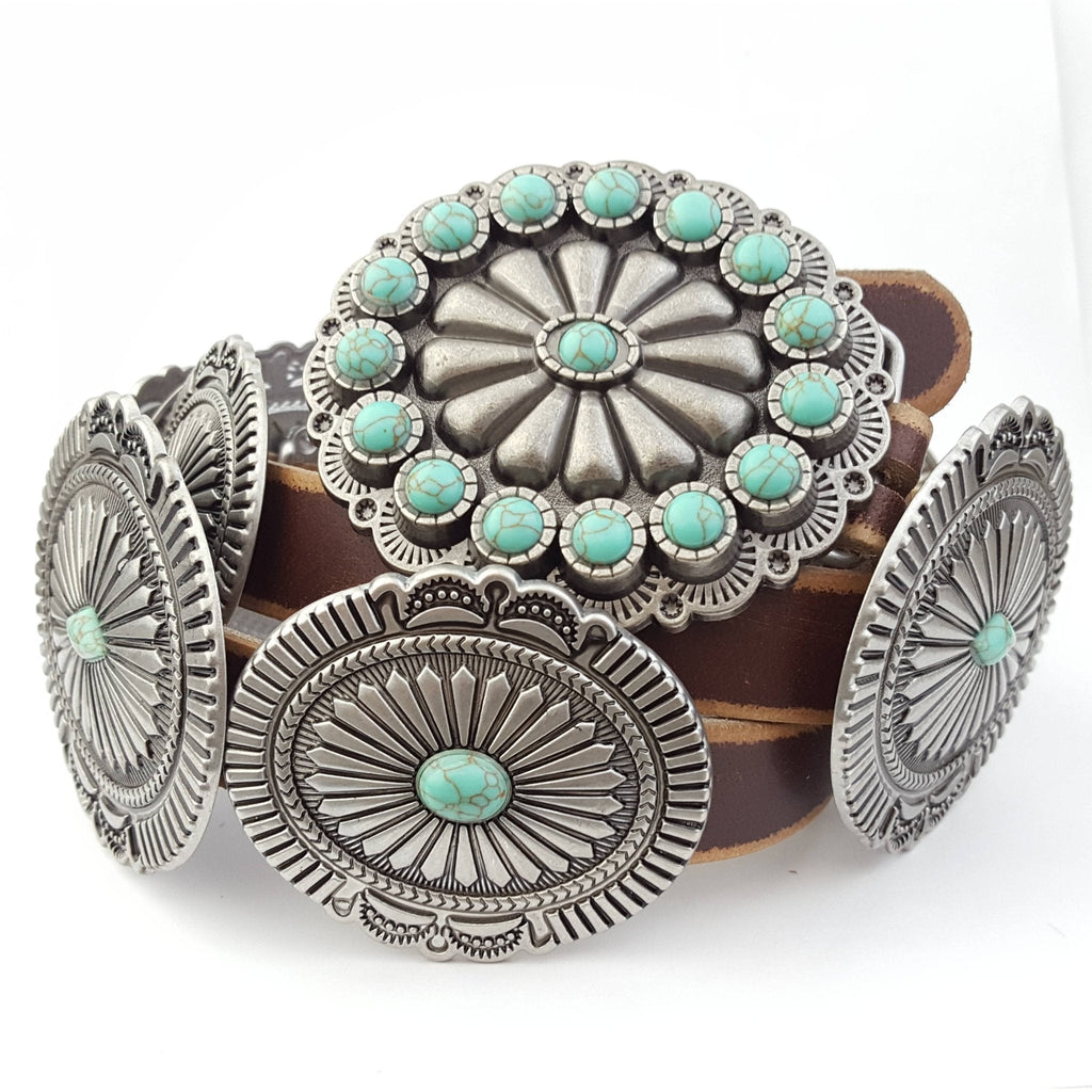 Genuine Distressed Leather Western Concho Belt with Faux Turquoise Stone Buckle - Rooted & Reckless Co.