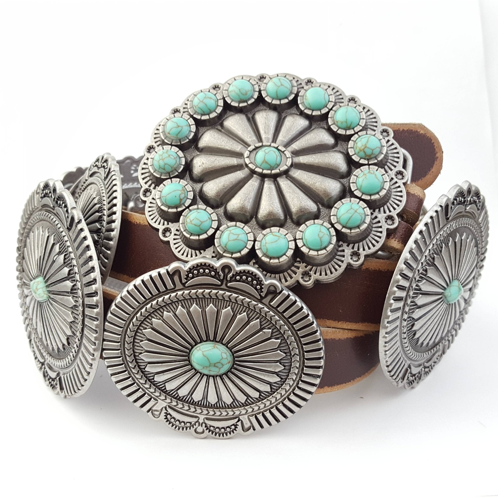 Genuine Distressed Leather Western Concho Belt with Faux Turquoise Stone Buckle - Rooted & Reckless Co.