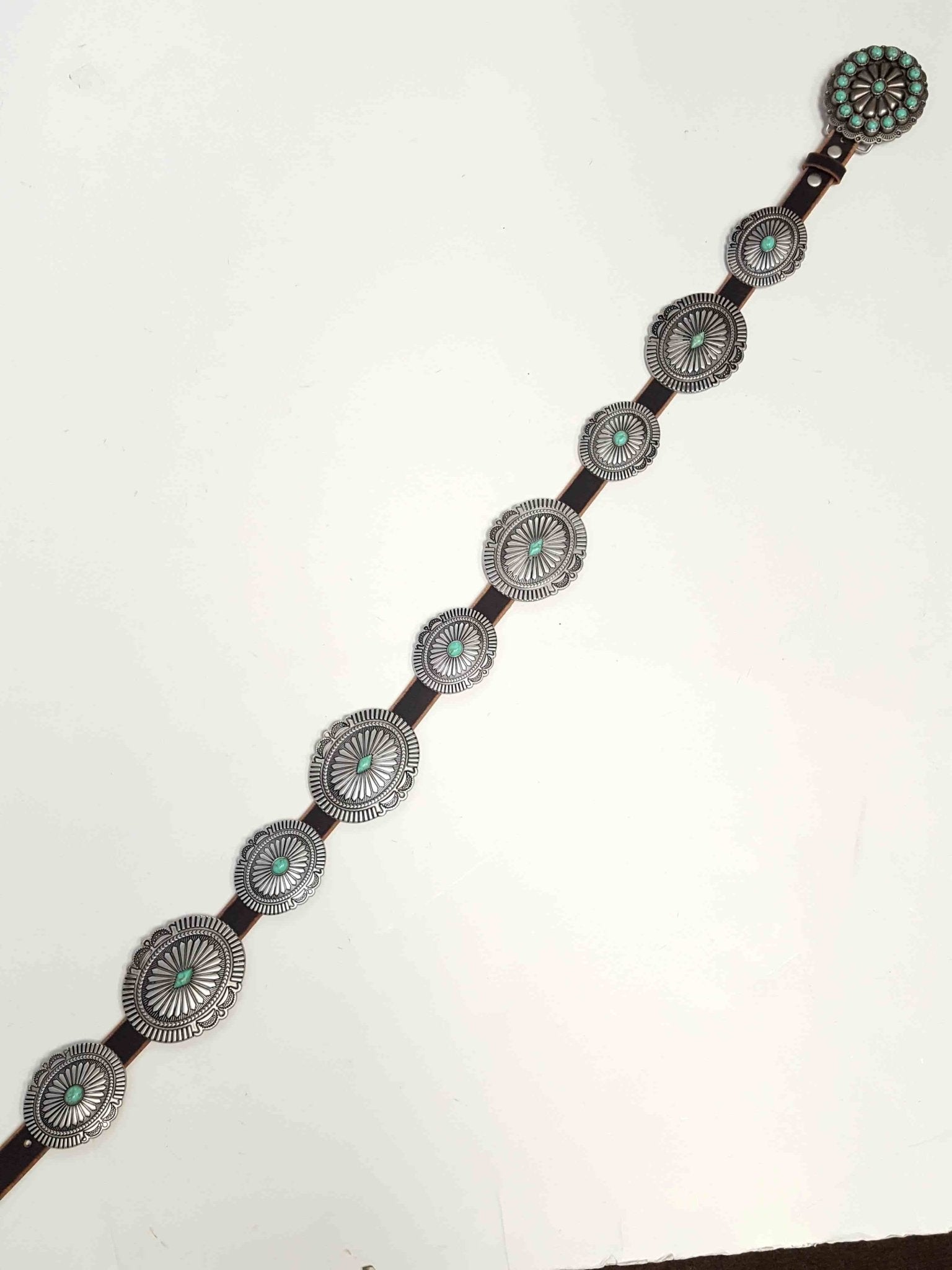 Genuine Distressed Leather Western Concho Belt with Faux Turquoise Stone Buckle - Rooted & Reckless Co.