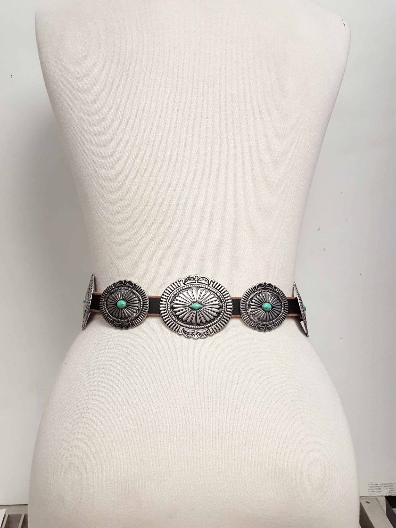Genuine Distressed Leather Western Concho Belt with Faux Turquoise Stone Buckle - Rooted & Reckless Co.