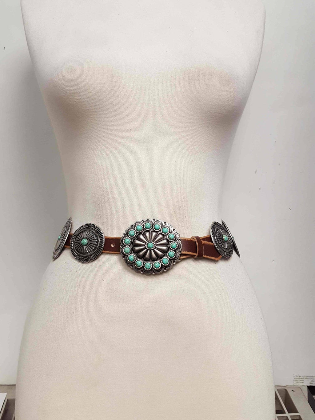 Genuine Distressed Leather Western Concho Belt with Faux Turquoise Stone Buckle - Rooted & Reckless Co.
