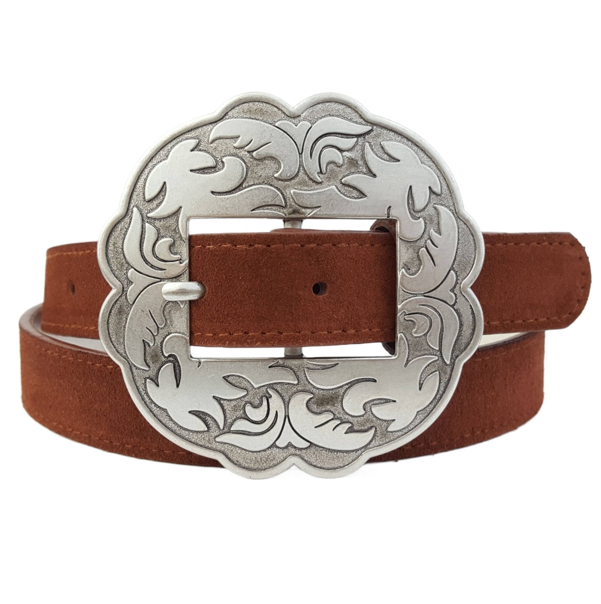 Genuine Suede Leather Western Belt with Floral Buckle — Brown Cowhide Suede - Rooted & Reckless Co.