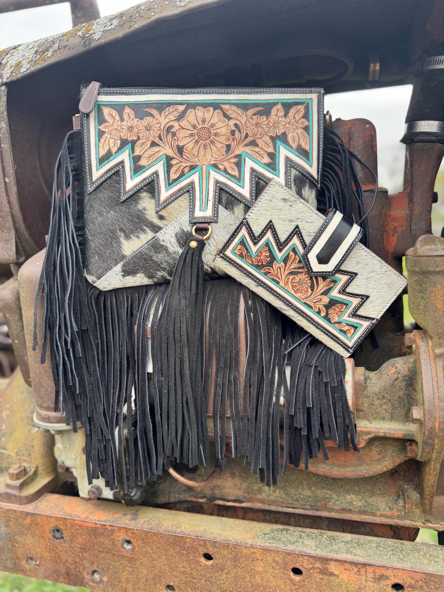 Genuine Western Black Cowhide Leather Fringe Purse and Wallet Set - Rooted & Reckless Co.