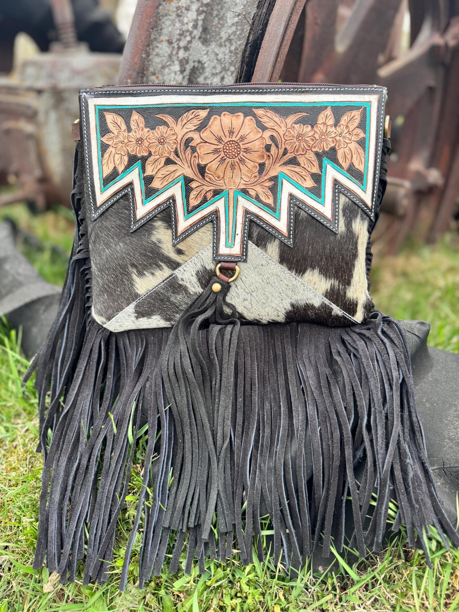 Genuine Western Black Cowhide Leather Fringe Purse and Wallet Set - Rooted & Reckless Co.
